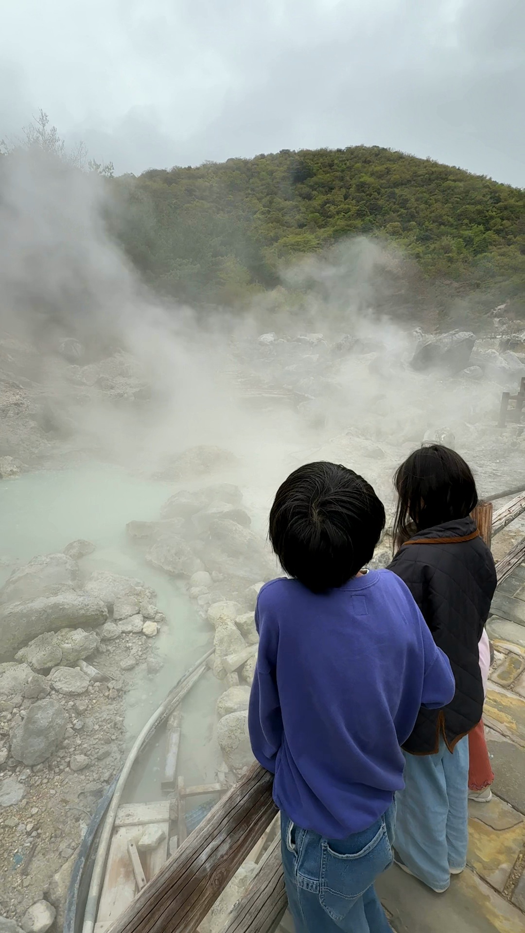 遊歩道から景色を見る子どもたちの後ろ姿